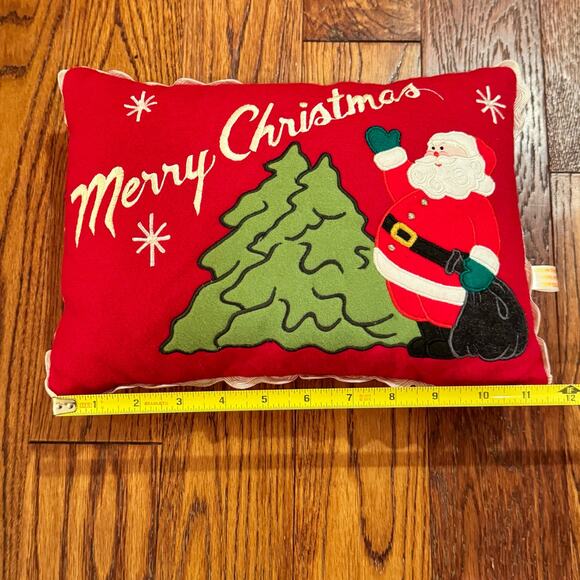 VTG Christmas Pillow Red Appliqué Ric Rac Ribbon Beads Santa Tree Retro Holiday - Picture 3 of 14